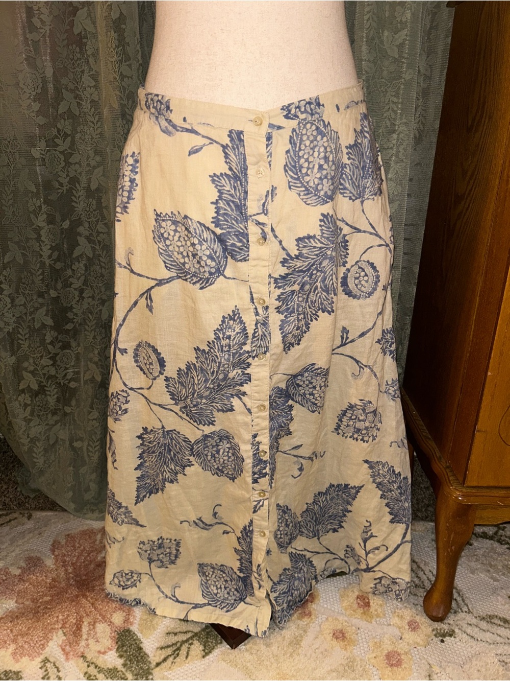 Ralph Lauren 100% Linen Maxi Skirt Button Up Ivory with blue floral print